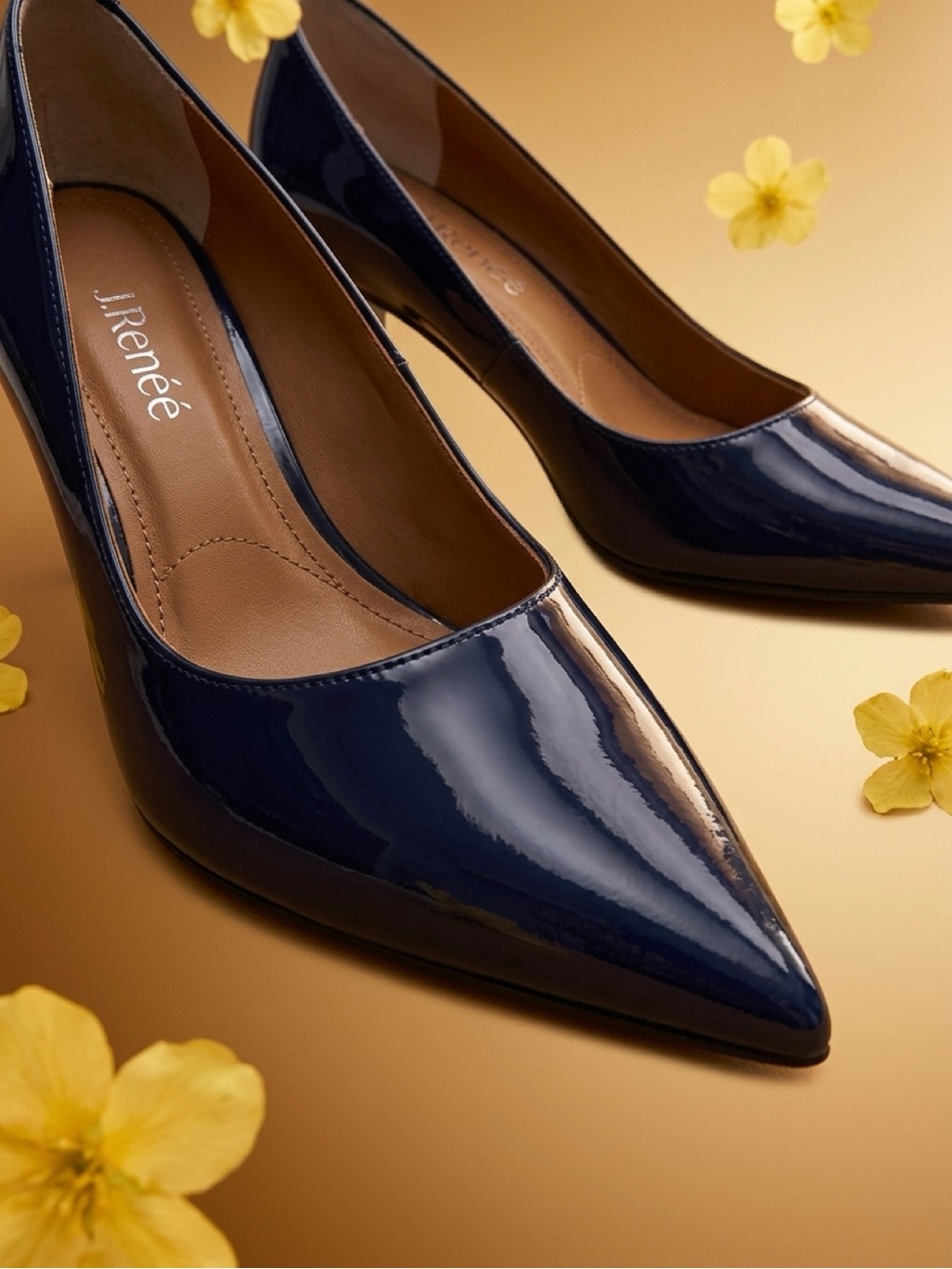 J. Renee Navy Patent Pointed-Toe Pumps. Heel size 2”.